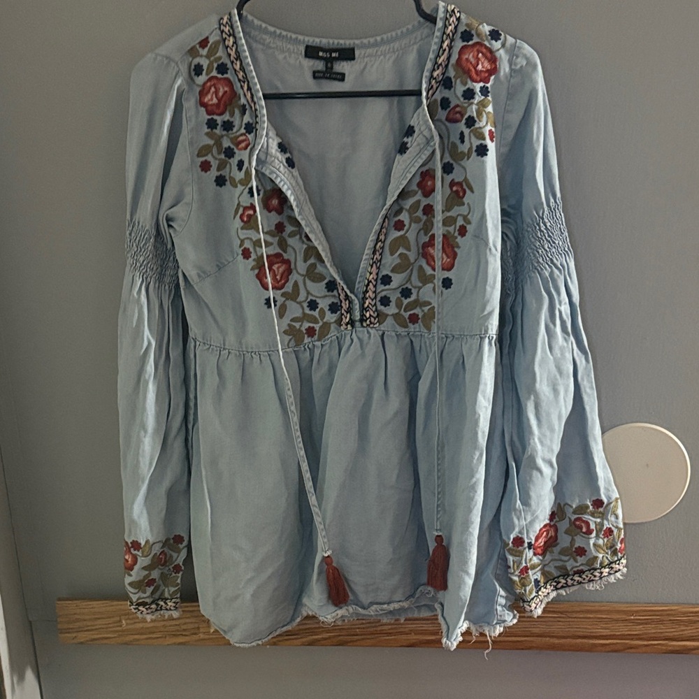 Miss Me Blue Blouse with Floral Embroidery